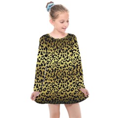 Gold And Black, Metallic Leopard Spots Pattern, Wild Cats Fur Kids  Long Sleeve Dress by Casemiro