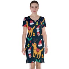 Funny Christmas Pattern Background Short Sleeve Nightdress