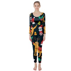 Funny Christmas Pattern Background Long Sleeve Catsuit