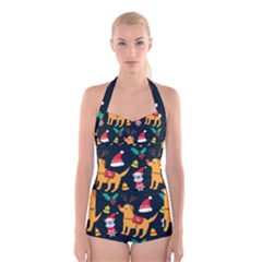 Funny Christmas Pattern Background Boyleg Halter Swimsuit 