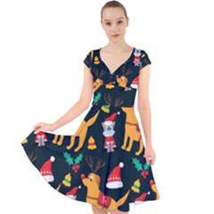 Funny Christmas Pattern Background Cap Sleeve Front Wrap Midi Dress