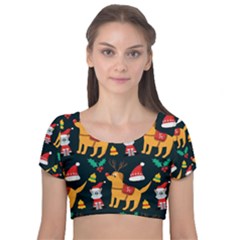 Funny Christmas Pattern Background Velvet Short Sleeve Crop Top 