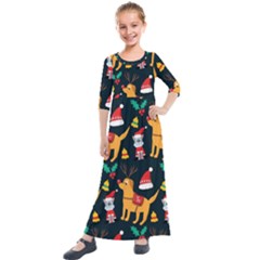 Funny Christmas Pattern Background Kids  Quarter Sleeve Maxi Dress