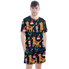 Funny Christmas Pattern Background Men s Mesh Tee and Shorts Set