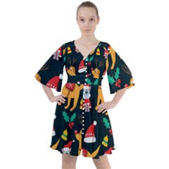 Funny Christmas Pattern Background Boho Button Up Dress