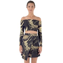 Black And Gold Marble Off Shoulder Top With Skirt Set by Dushan