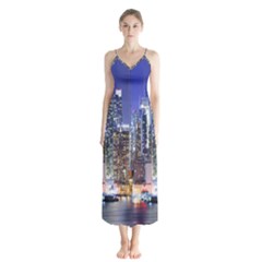 New-york Cityscape  Button Up Chiffon Maxi Dress by Dushan