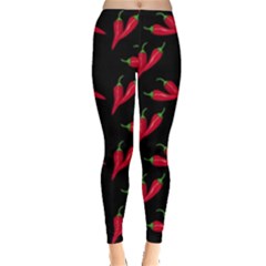 Red, hot jalapeno peppers, chilli pepper pattern at black, spicy Leggings 