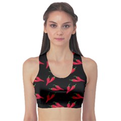 Red, Hot Jalapeno Peppers, Chilli Pepper Pattern At Black, Spicy Sports Bra by Casemiro