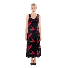 Red, hot jalapeno peppers, chilli pepper pattern at black, spicy Sleeveless Maxi Dress