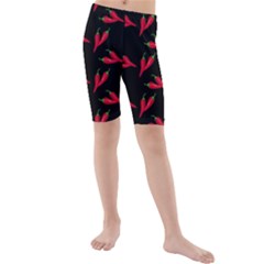 Red, hot jalapeno peppers, chilli pepper pattern at black, spicy Kids  Mid Length Swim Shorts