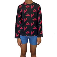 Red, Hot Jalapeno Peppers, Chilli Pepper Pattern At Black, Spicy Kids  Long Sleeve Swimwear
