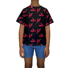 Red, hot jalapeno peppers, chilli pepper pattern at black, spicy Kids  Short Sleeve Swimwear