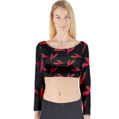 Red, Hot Jalapeno Peppers, Chilli Pepper Pattern At Black, Spicy Long Sleeve Crop Top by Casemiro