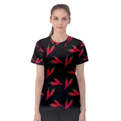 Red, hot jalapeno peppers, chilli pepper pattern at black, spicy Women s Sport Mesh Tee