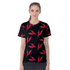 Red, hot jalapeno peppers, chilli pepper pattern at black, spicy Women s Cotton Tee