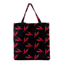 Red, hot jalapeno peppers, chilli pepper pattern at black, spicy Grocery Tote Bag