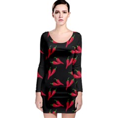Red, Hot Jalapeno Peppers, Chilli Pepper Pattern At Black, Spicy Long Sleeve Bodycon Dress