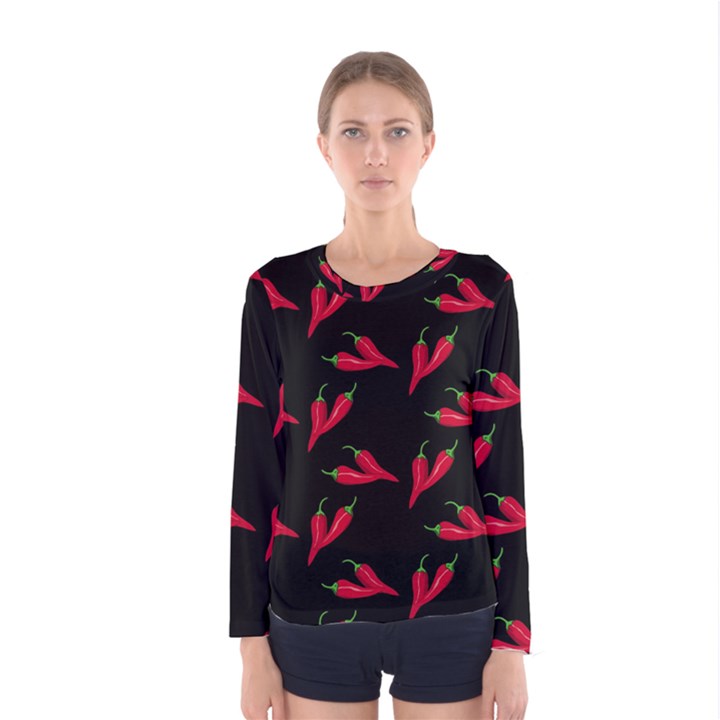 Red, hot jalapeno peppers, chilli pepper pattern at black, spicy Women s Long Sleeve Tee