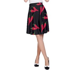 Red, hot jalapeno peppers, chilli pepper pattern at black, spicy A-Line Skirt