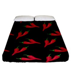 Red, hot jalapeno peppers, chilli pepper pattern at black, spicy Fitted Sheet (Queen Size)