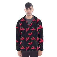 Red, hot jalapeno peppers, chilli pepper pattern at black, spicy Men s Hooded Windbreaker