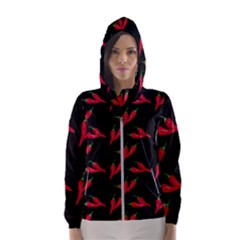 Red, hot jalapeno peppers, chilli pepper pattern at black, spicy Women s Hooded Windbreaker