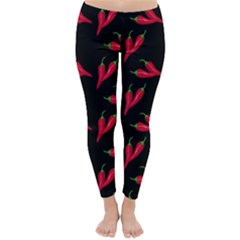 Red, hot jalapeno peppers, chilli pepper pattern at black, spicy Classic Winter Leggings