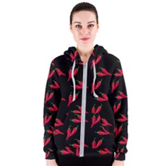 Red, hot jalapeno peppers, chilli pepper pattern at black, spicy Women s Zipper Hoodie