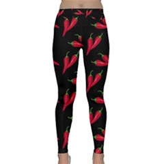 Red, hot jalapeno peppers, chilli pepper pattern at black, spicy Classic Yoga Leggings