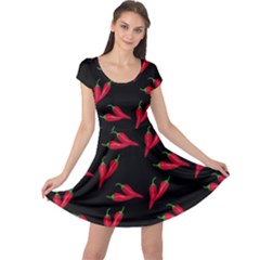 Red, Hot Jalapeno Peppers, Chilli Pepper Pattern At Black, Spicy Cap Sleeve Dress