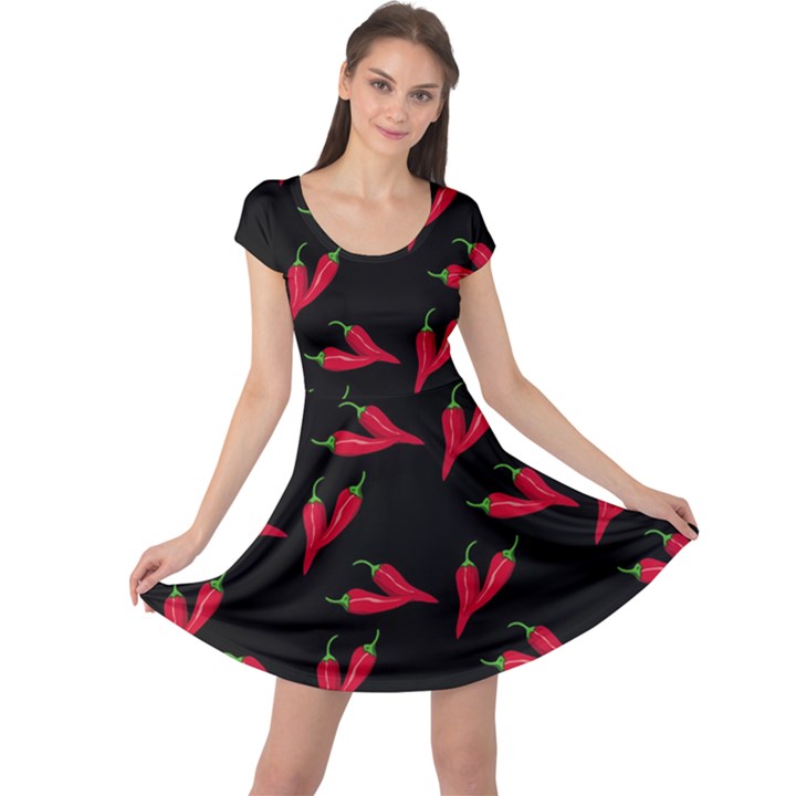 Red, hot jalapeno peppers, chilli pepper pattern at black, spicy Cap Sleeve Dress