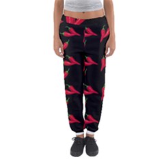 Red, hot jalapeno peppers, chilli pepper pattern at black, spicy Women s Jogger Sweatpants