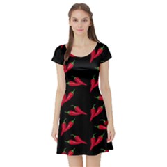 Red, hot jalapeno peppers, chilli pepper pattern at black, spicy Short Sleeve Skater Dress