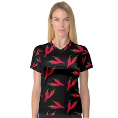 Red, hot jalapeno peppers, chilli pepper pattern at black, spicy V-Neck Sport Mesh Tee