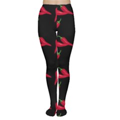 Red, hot jalapeno peppers, chilli pepper pattern at black, spicy Tights