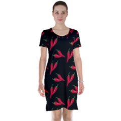 Red, hot jalapeno peppers, chilli pepper pattern at black, spicy Short Sleeve Nightdress