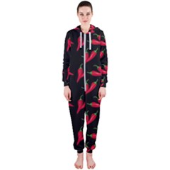 Red, hot jalapeno peppers, chilli pepper pattern at black, spicy Hooded Jumpsuit (Ladies) 