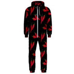 Red, Hot Jalapeno Peppers, Chilli Pepper Pattern At Black, Spicy Hooded Jumpsuit (men)  by Casemiro