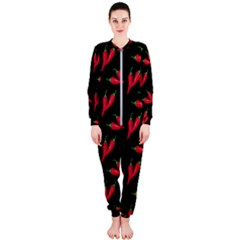 Red, hot jalapeno peppers, chilli pepper pattern at black, spicy OnePiece Jumpsuit (Ladies) 