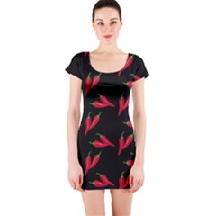 Red, hot jalapeno peppers, chilli pepper pattern at black, spicy Short Sleeve Bodycon Dress