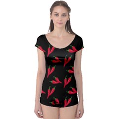 Red, Hot Jalapeno Peppers, Chilli Pepper Pattern At Black, Spicy Boyleg Leotard 