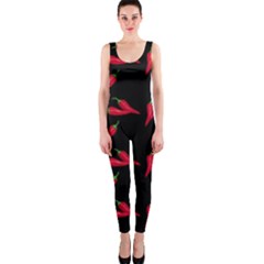 Red, Hot Jalapeno Peppers, Chilli Pepper Pattern At Black, Spicy One Piece Catsuit by Casemiro