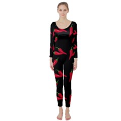 Red, hot jalapeno peppers, chilli pepper pattern at black, spicy Long Sleeve Catsuit