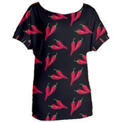 Red, hot jalapeno peppers, chilli pepper pattern at black, spicy Women s Oversized Tee
