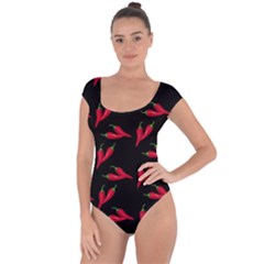 Red, hot jalapeno peppers, chilli pepper pattern at black, spicy Short Sleeve Leotard 