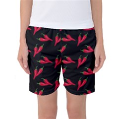 Red, hot jalapeno peppers, chilli pepper pattern at black, spicy Women s Basketball Shorts