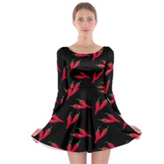 Red, hot jalapeno peppers, chilli pepper pattern at black, spicy Long Sleeve Skater Dress