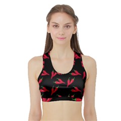 Red, hot jalapeno peppers, chilli pepper pattern at black, spicy Sports Bra with Border