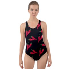Red, Hot Jalapeno Peppers, Chilli Pepper Pattern At Black, Spicy Cut-out Back One Piece Swimsuit by Casemiro